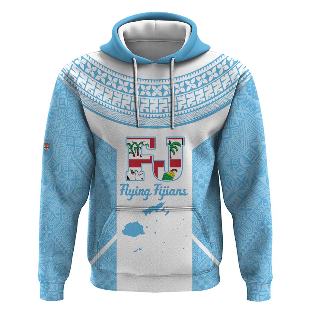 Custom Fiji Tapa Rugby Zip Hoodie Flying Fijian Blue And White Version