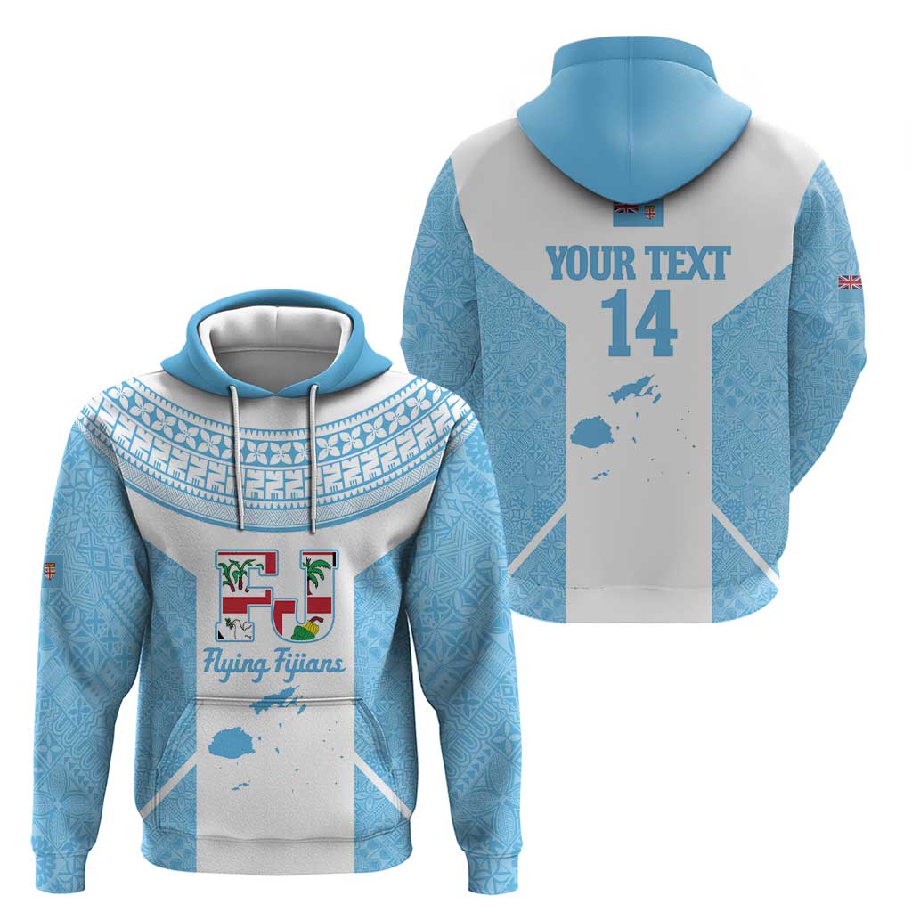Custom Fiji Tapa Rugby Zip Hoodie Flying Fijian Blue And White Version