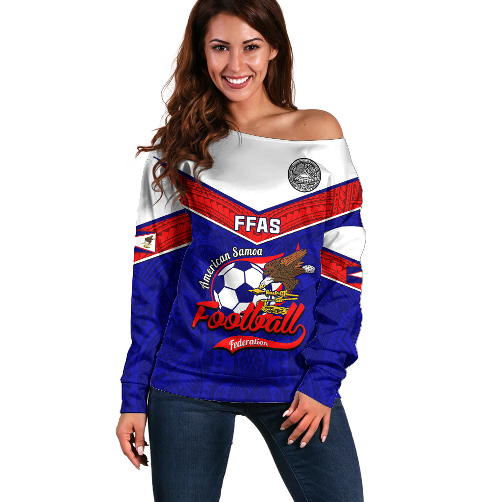 Personalised American Samoa Football Off Shoulder Sweater Polynesian Sporty Style LT14 Women Blue - Polynesian Pride
