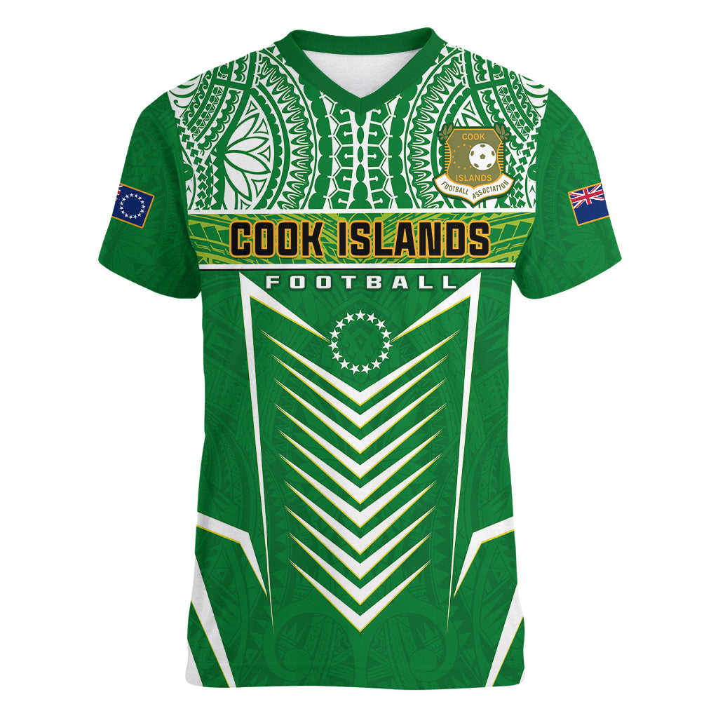 Cook Islands Football Women V Neck T Shirt Go Kuki Airani Polynesian Sporty Style LT14 Female Green - Polynesian Pride