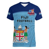 Fiji Football Women V Neck T Shirt Fijian Tapa Pattern Sporty Style LT14 Female Blue - Polynesian Pride
