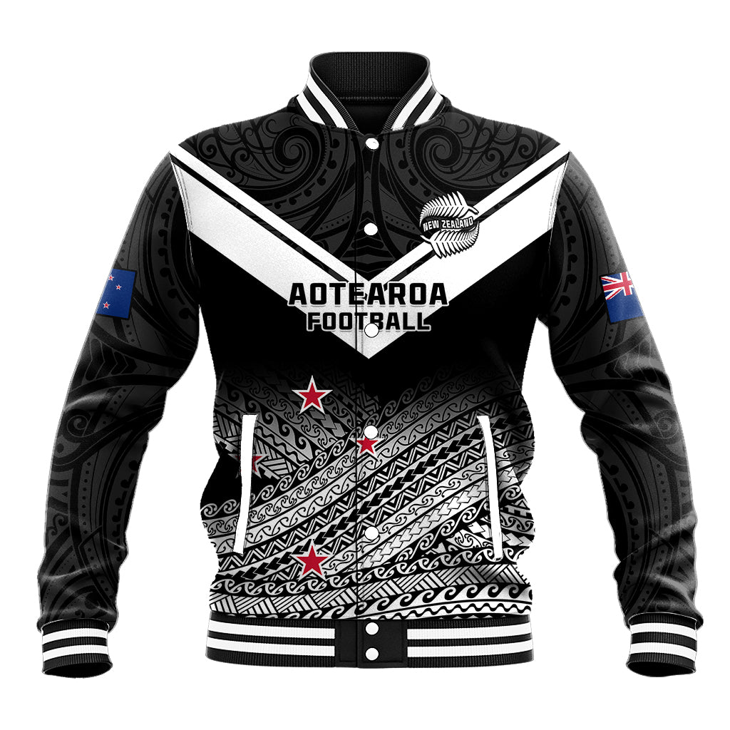 Personalised Aotearoa Football Baseball Jacket Go New Zealand Maori Fern Pattern LT14 Unisex Black - Polynesian Pride