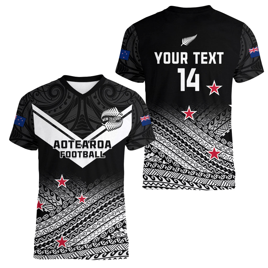 Personalised Aotearoa Football Women V Neck T Shirt Go New Zealand Maori Fern Pattern LT14 - Polynesian Pride