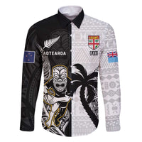 Custom Fiji And New Zealand Rugby Family Matching Off The Shoulder Long Sleeve Dress and Hawaiian Shirt Aotearoa Silver Fern Mix Fijian Tapa Pattern