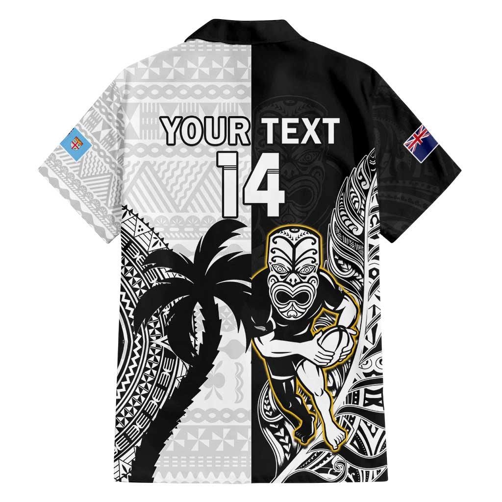 Custom Fiji And New Zealand Rugby Family Matching Off Shoulder Maxi Dress and Hawaiian Shirt Aotearoa Silver Fern Mix Fijian Tapa Pattern