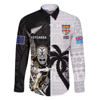 Custom Fiji And New Zealand Rugby Family Matching Puletasi and Hawaiian Shirt Aotearoa Silver Fern Mix Fijian Tapa Pattern