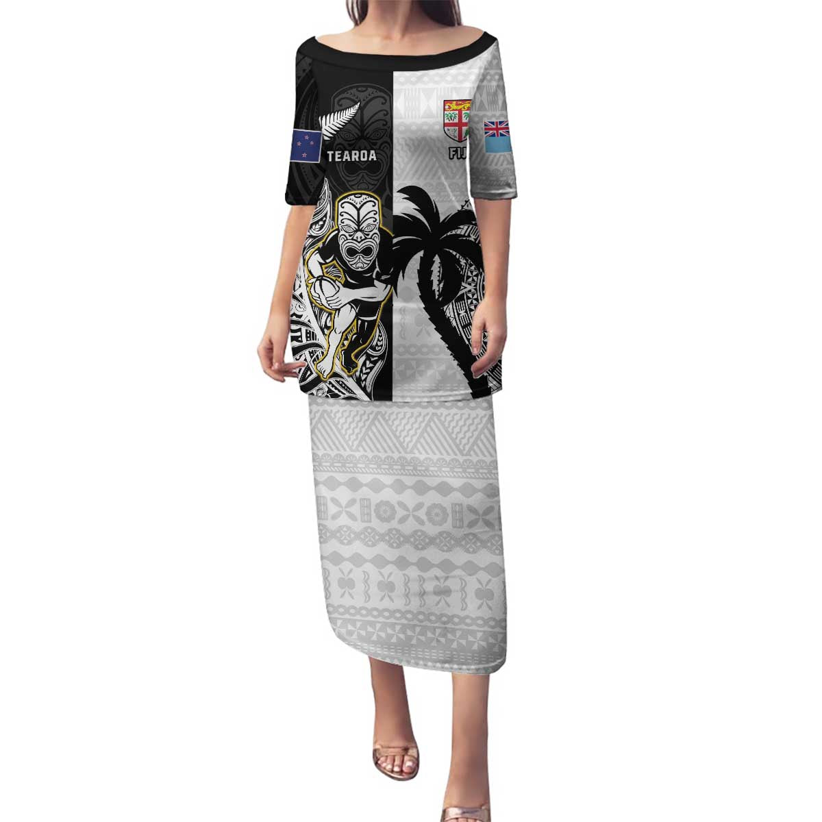 Custom Fiji And New Zealand Rugby Family Matching Puletasi and Hawaiian Shirt Aotearoa Silver Fern Mix Fijian Tapa Pattern