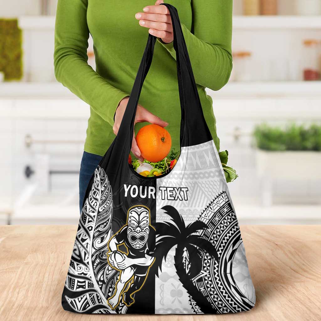 Custom Fiji And New Zealand Rugby Grocery Bag Aotearoa Silver Fern Mix Fijian Tapa Pattern