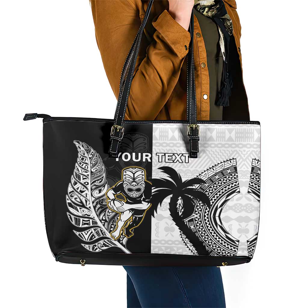 Custom Fiji And New Zealand Rugby Leather Tote Bag Aotearoa Silver Fern Mix Fijian Tapa Pattern