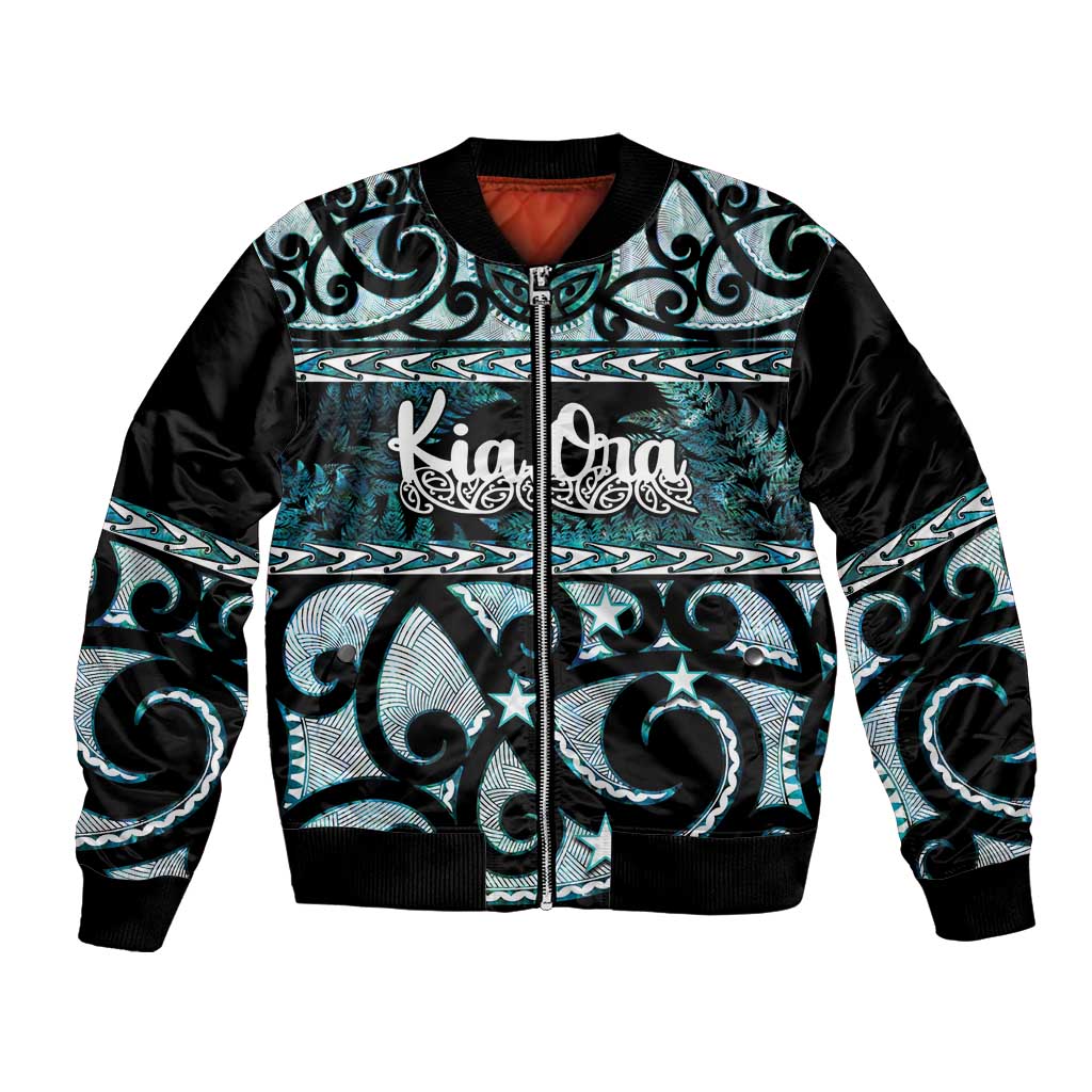 Kia Ora New Zealand Bomber Jacket Aotearoa Proud Maori Paua Shell Silver Fern LT14 Unisex Black - Polynesian Pride