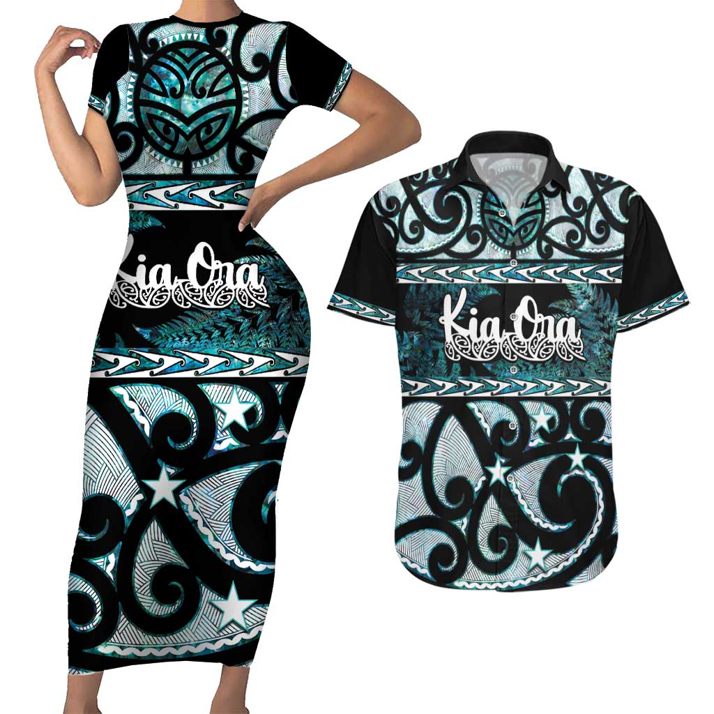 Kia Ora New Zealand Couples Matching Short Sleeve Bodycon Dress and Hawaiian Shirt Aotearoa Proud Maori Paua Shell Silver Fern - Polynesian Pride