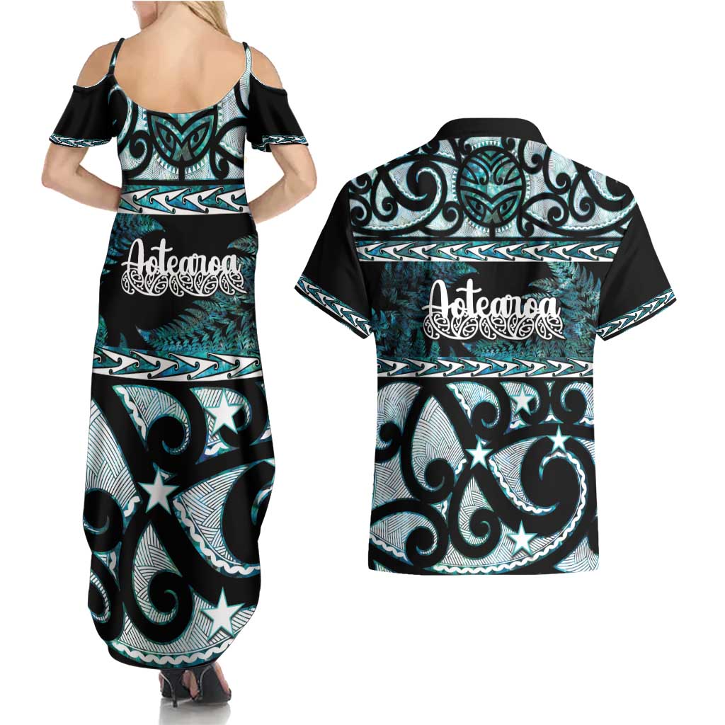 Kia Ora New Zealand Couples Matching Summer Maxi Dress and Hawaiian Shirt Aotearoa Proud Maori Paua Shell Silver Fern - Polynesian Pride