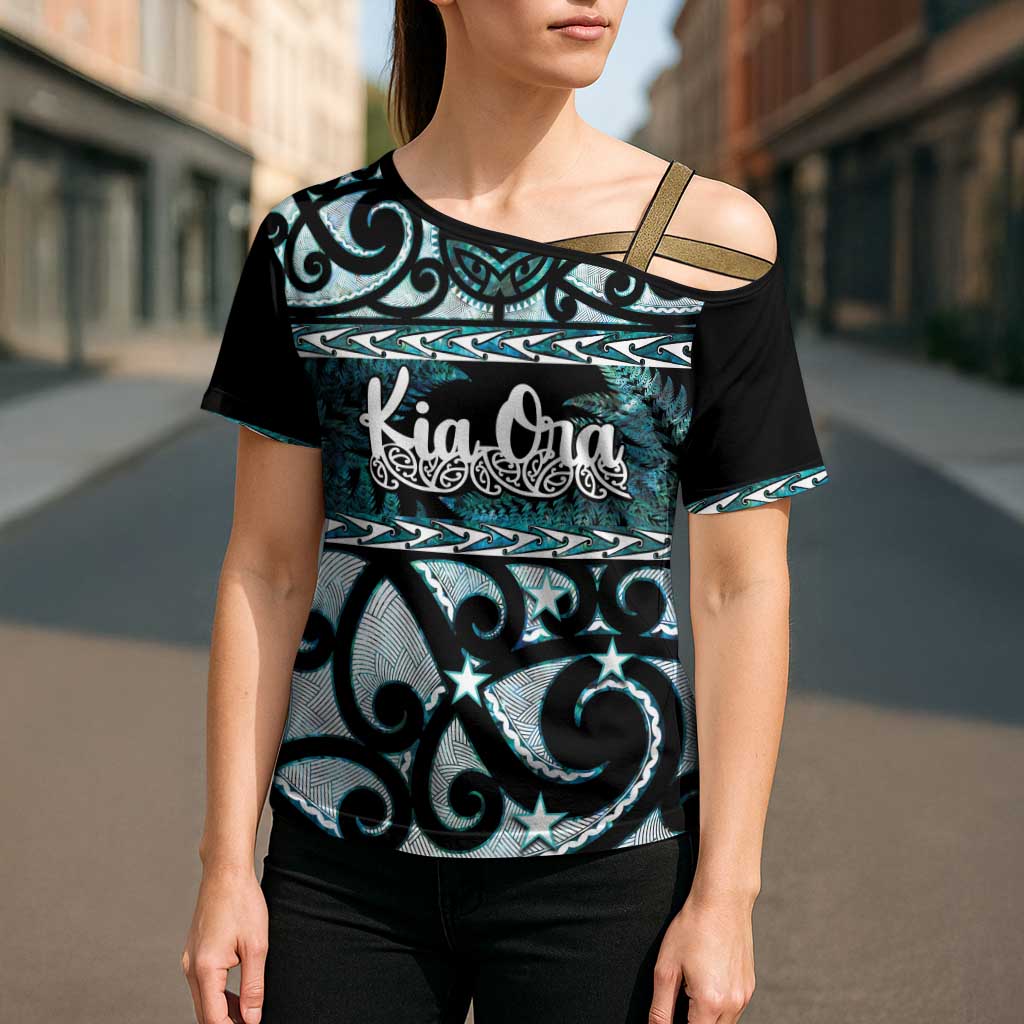 Kia Ora New Zealand Cross Shoulder Shirt Aotearoa Proud Maori Paua Shell Silver Fern - Polynesian Pride