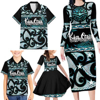 Kia Ora New Zealand Family Matching Long Sleeve Bodycon Dress and Hawaiian Shirt Aotearoa Proud Maori Paua Shell Silver Fern - Polynesian Pride