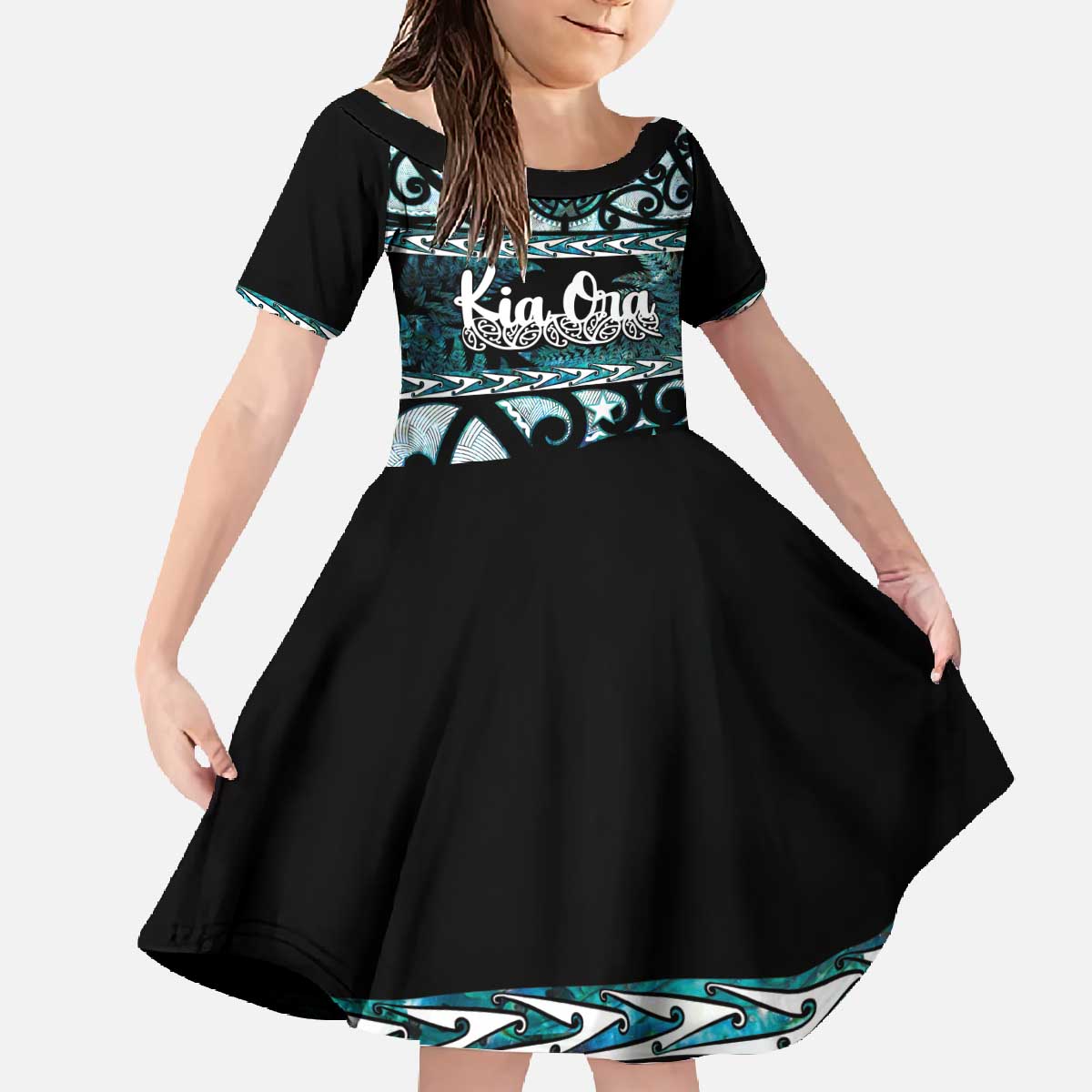 Kia Ora New Zealand Family Matching Off The Shoulder Long Sleeve Dress and Hawaiian Shirt Aotearoa Proud Maori Paua Shell Silver Fern LT14 Daughter's Dress Black - Polynesian Pride