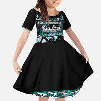 Kia Ora New Zealand Family Matching Off The Shoulder Long Sleeve Dress and Hawaiian Shirt Aotearoa Proud Maori Paua Shell Silver Fern LT14 Daughter's Dress Black - Polynesian Pride