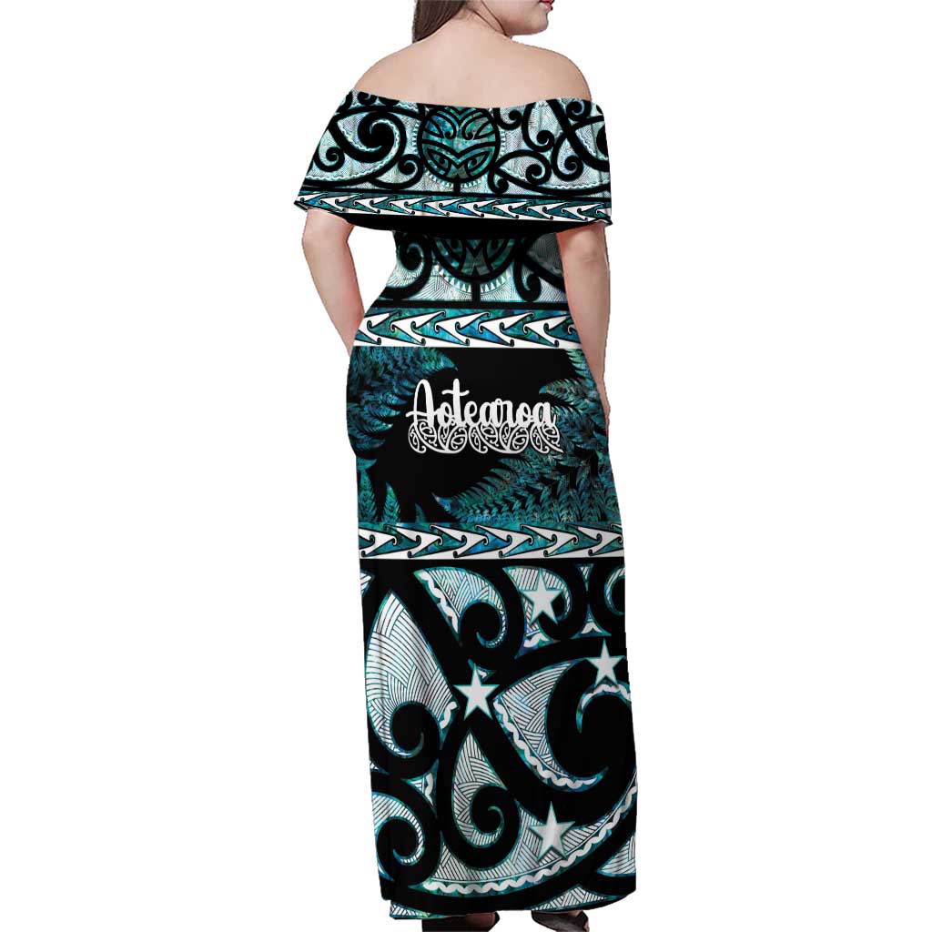 Kia Ora New Zealand Family Matching Off Shoulder Maxi Dress and Hawaiian Shirt Aotearoa Proud Maori Paua Shell Silver Fern - Polynesian Pride