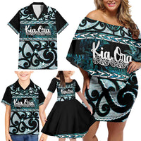 Kia Ora New Zealand Family Matching Off Shoulder Short Dress and Hawaiian Shirt Aotearoa Proud Maori Paua Shell Silver Fern - Polynesian Pride
