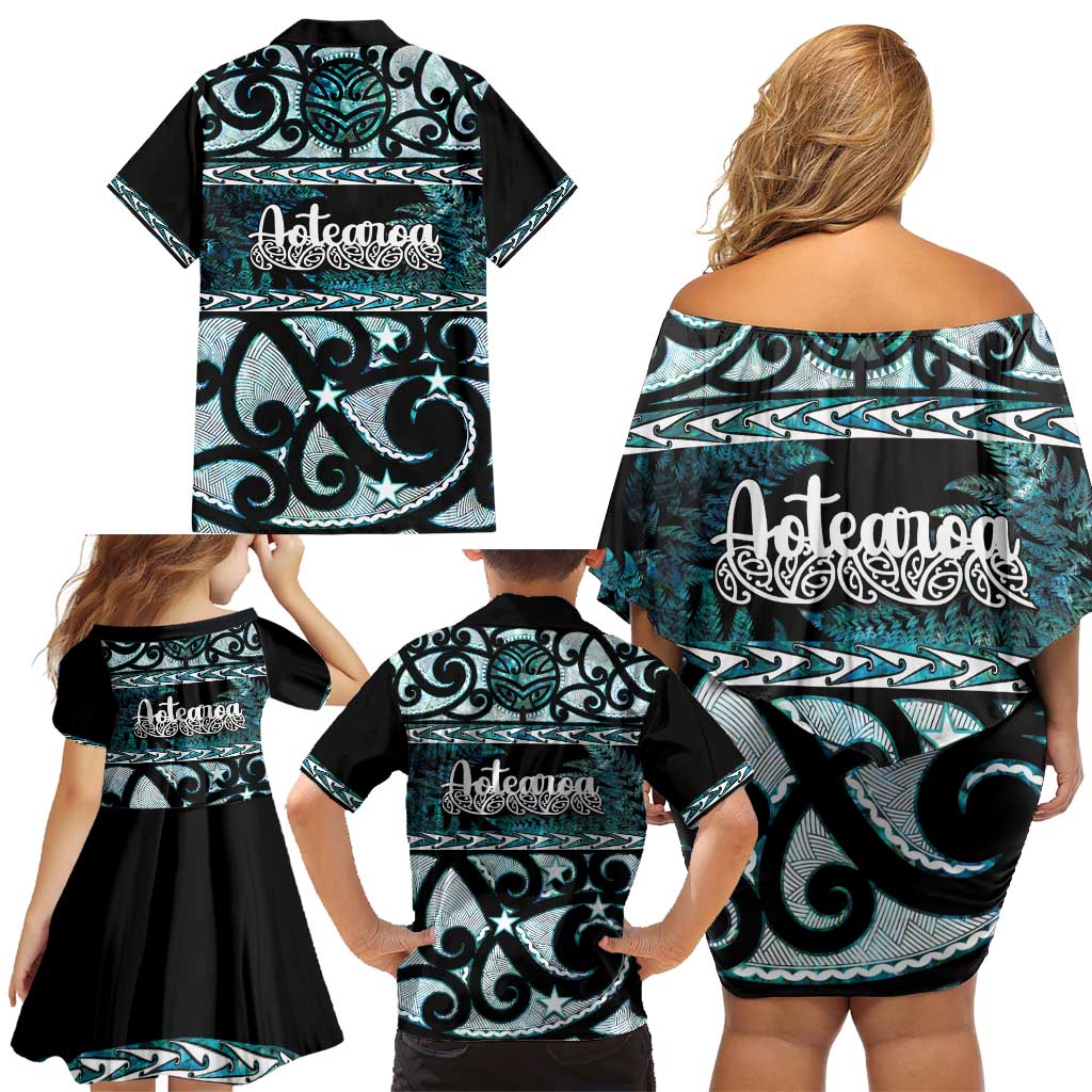Kia Ora New Zealand Family Matching Off Shoulder Short Dress and Hawaiian Shirt Aotearoa Proud Maori Paua Shell Silver Fern - Polynesian Pride