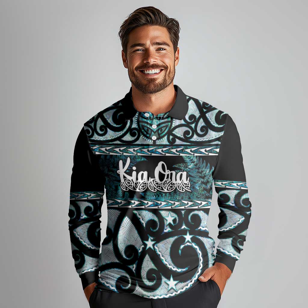 Kia Ora New Zealand Long Sleeve Polo Shirt Aotearoa Proud Maori Paua Shell Silver Fern - Polynesian Pride