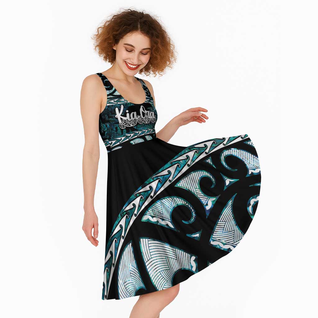 Kia Ora New Zealand Midi Dress Aotearoa Proud Maori Paua Shell Silver Fern - Polynesian Pride