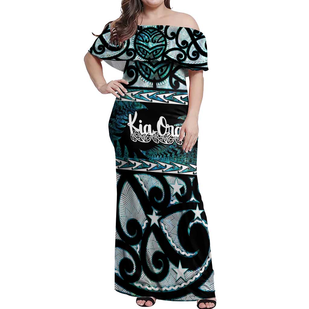 Kia Ora New Zealand Off Shoulder Maxi Dress Aotearoa Proud Maori Paua Shell Silver Fern - Polynesian Pride