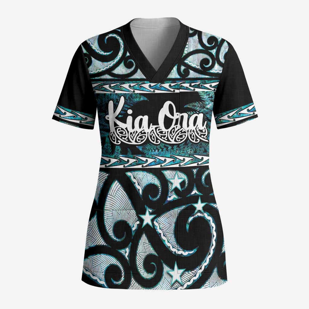 Kia Ora New Zealand Scrub Top Aotearoa Proud Maori Paua Shell Silver Fern - Polynesian Pride
