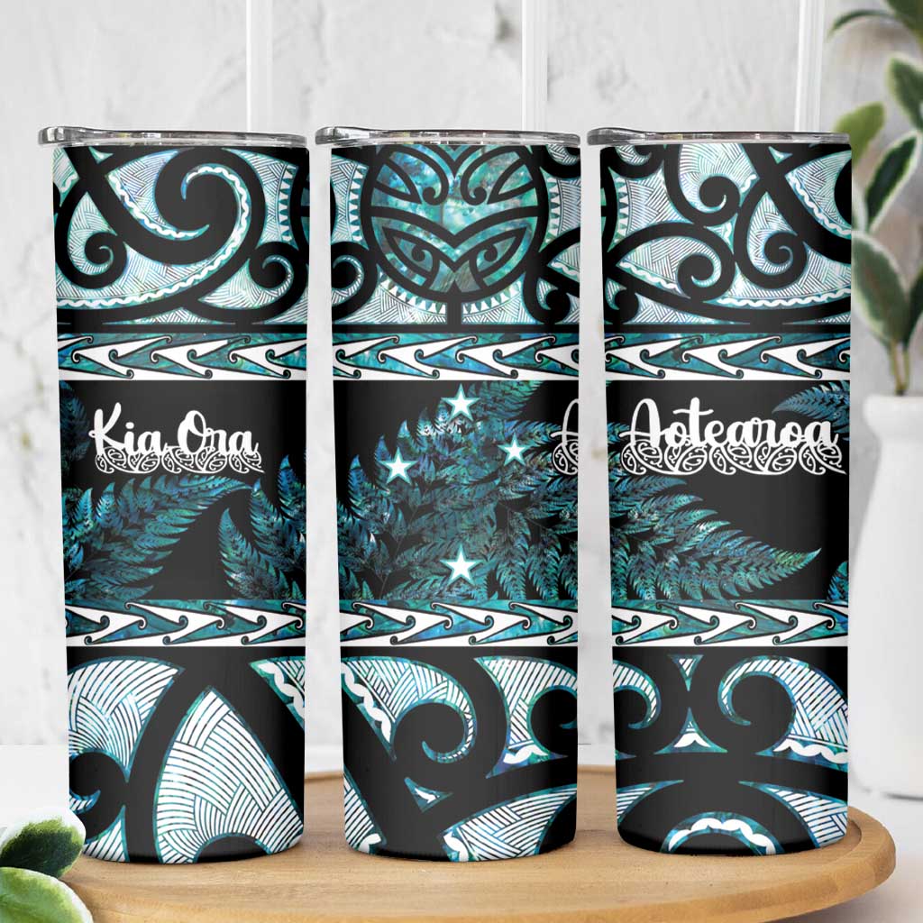 Kia Ora New Zealand Skinny Tumbler Aotearoa Proud Maori Paua Shell Silver Fern - Polynesian Pride