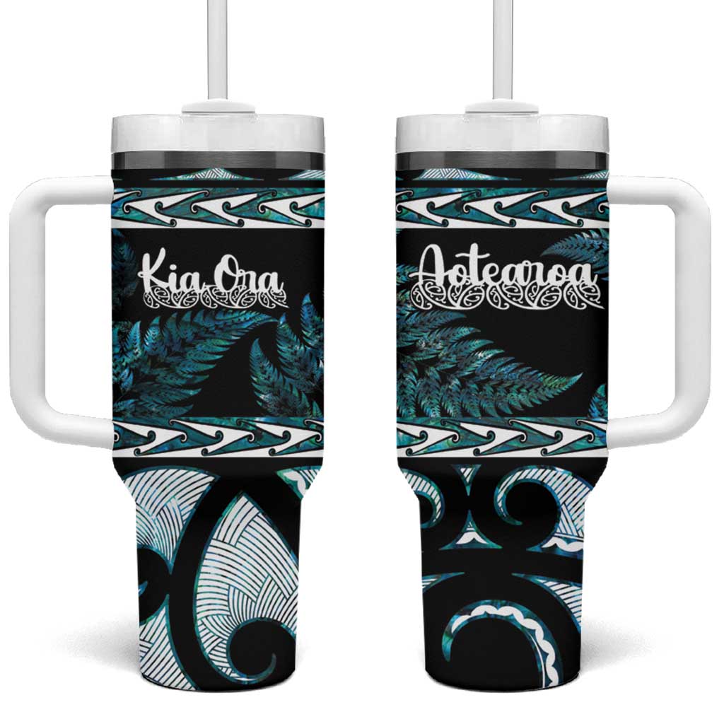 Kia Ora New Zealand Tumbler With Handle Aotearoa Proud Maori Paua Shell Silver Fern - Polynesian Pride