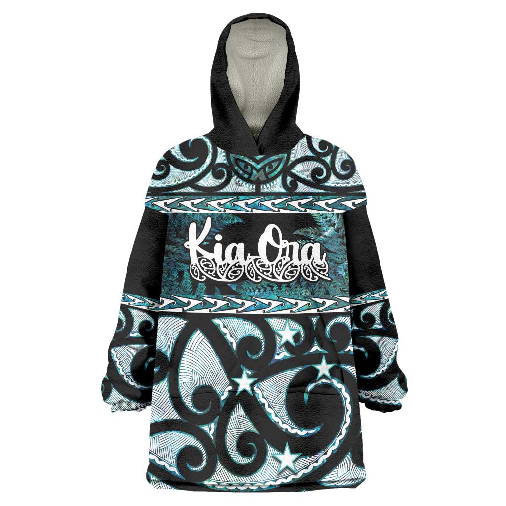 Kia Ora New Zealand Wearable Blanket Hoodie Aotearoa Proud Maori Paua Shell Silver Fern - Polynesian Pride