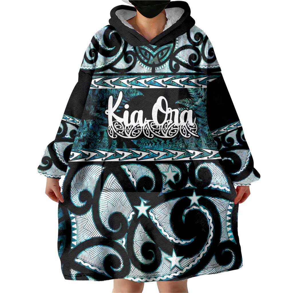 Kia Ora New Zealand Wearable Blanket Hoodie Aotearoa Proud Maori Paua Shell Silver Fern - Polynesian Pride