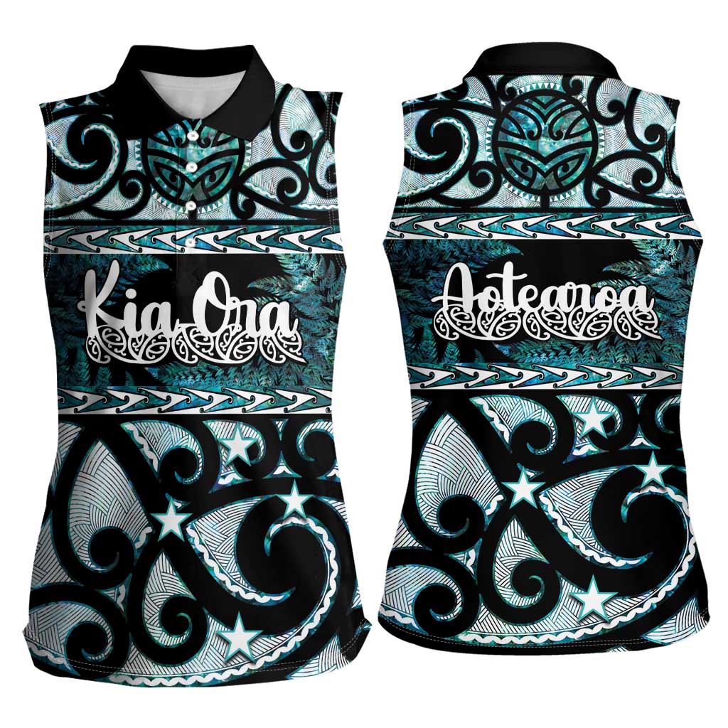 Kia Ora New Zealand Women Sleeveless Polo Shirt Aotearoa Proud Maori Paua Shell Silver Fern - Polynesian Pride
