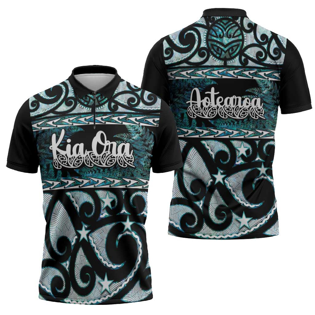 Kia Ora New Zealand Zipper Polo Shirt Aotearoa Proud Maori Paua Shell Silver Fern - Polynesian Pride