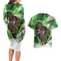 Piwakawaka New Zealand Christmas In July Couples Matching Long Sleeve Bodycon Dress and Hawaiian Shirt NZ Aroha Koru Fern Marble Vibes