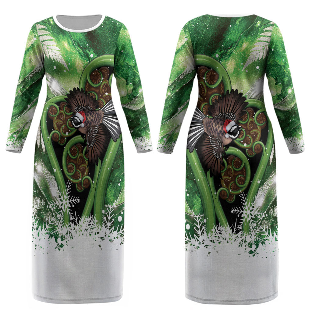 Piwakawaka New Zealand Christmas In July Couples Matching Long Sleeve Bodycon Dress and Hawaiian Shirt NZ Aroha Koru Fern Marble Vibes LT14 - Polynesian Pride