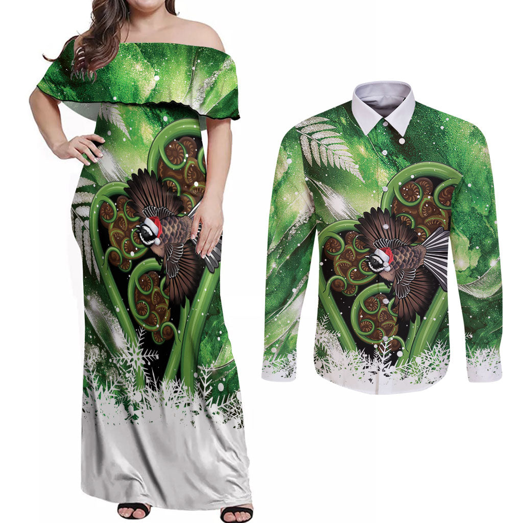 Piwakawaka New Zealand Christmas In July Couples Matching Off Shoulder Maxi Dress and Long Sleeve Button Shirt NZ Aroha Koru Fern Marble Vibes