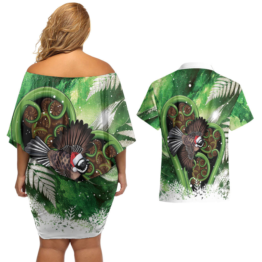 Piwakawaka New Zealand Christmas In July Couples Matching Off Shoulder Short Dress and Hawaiian Shirt NZ Aroha Koru Fern Marble Vibes