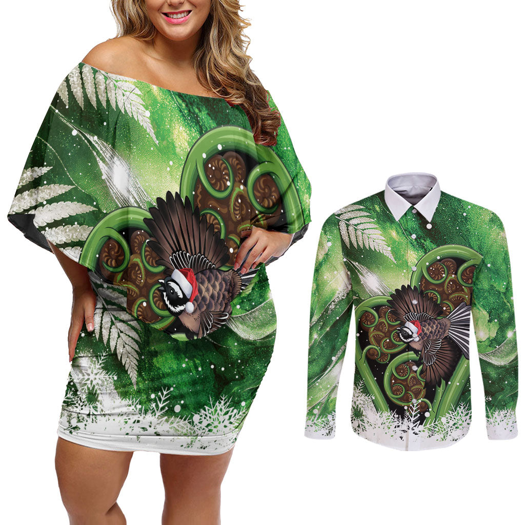 Piwakawaka New Zealand Christmas In July Couples Matching Off Shoulder Short Dress and Long Sleeve Button Shirt NZ Aroha Koru Fern Marble Vibes