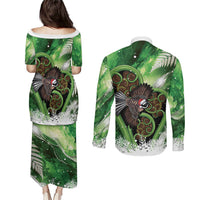 Piwakawaka New Zealand Christmas In July Couples Matching Puletasi and Long Sleeve Button Shirt NZ Aroha Koru Fern Marble Vibes
