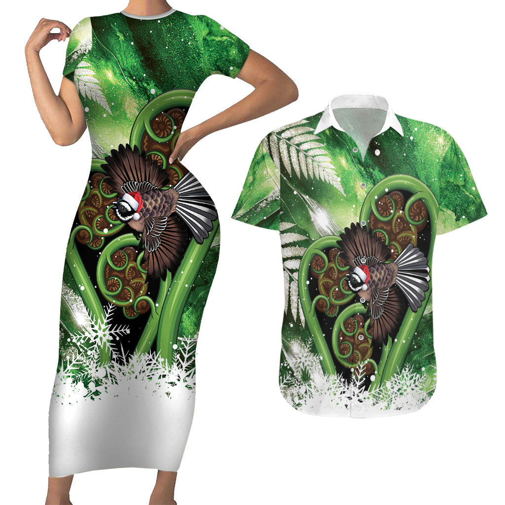 Piwakawaka New Zealand Christmas In July Couples Matching Short Sleeve Bodycon Dress and Hawaiian Shirt NZ Aroha Koru Fern Marble Vibes