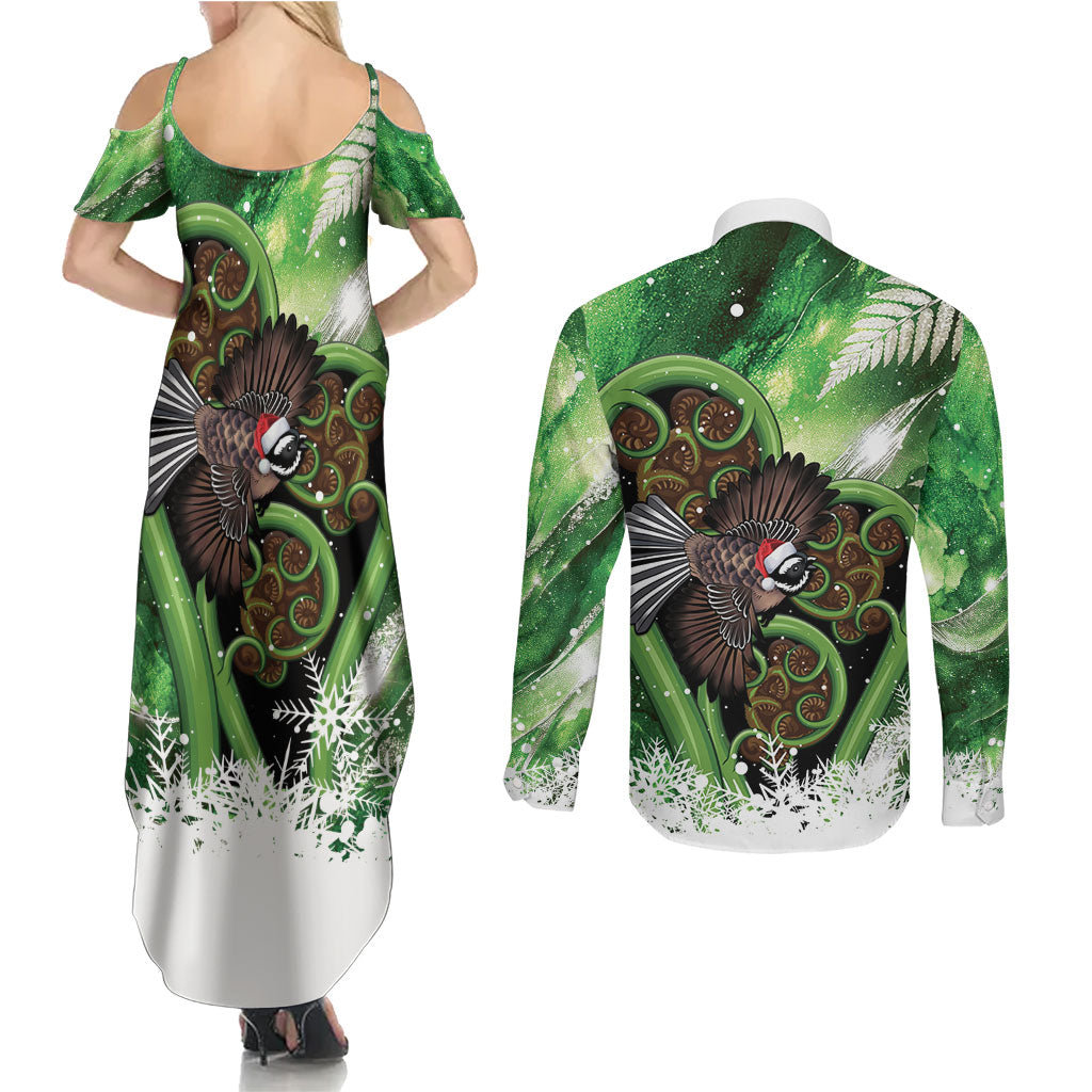 Piwakawaka New Zealand Christmas In July Couples Matching Summer Maxi Dress and Long Sleeve Button Shirt NZ Aroha Koru Fern Marble Vibes