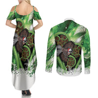 Piwakawaka New Zealand Christmas In July Couples Matching Summer Maxi Dress and Long Sleeve Button Shirt NZ Aroha Koru Fern Marble Vibes