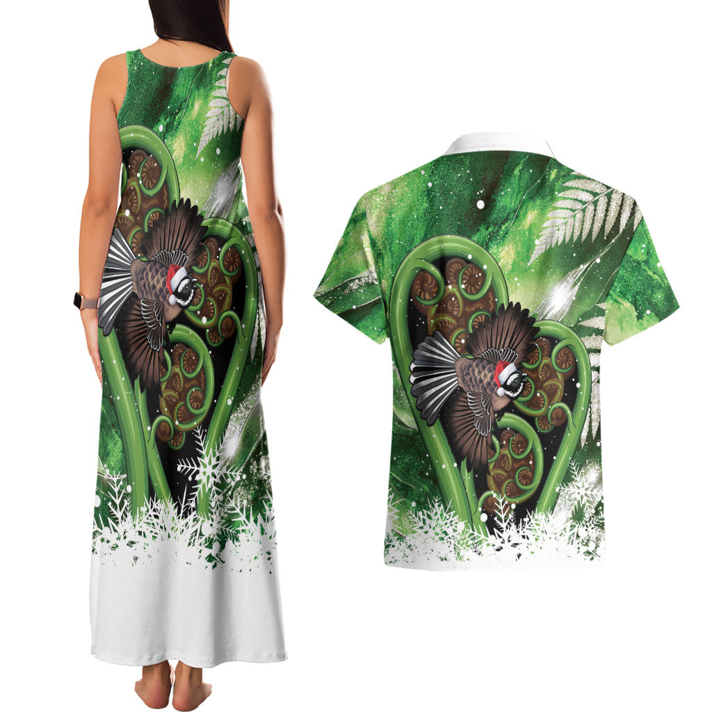 Piwakawaka New Zealand Christmas In July Couples Matching Tank Maxi Dress and Hawaiian Shirt NZ Aroha Koru Fern Marble Vibes