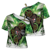 Piwakawaka New Zealand Christmas In July Cross Shoulder Shirt NZ Aroha Koru Fern Marble Vibes