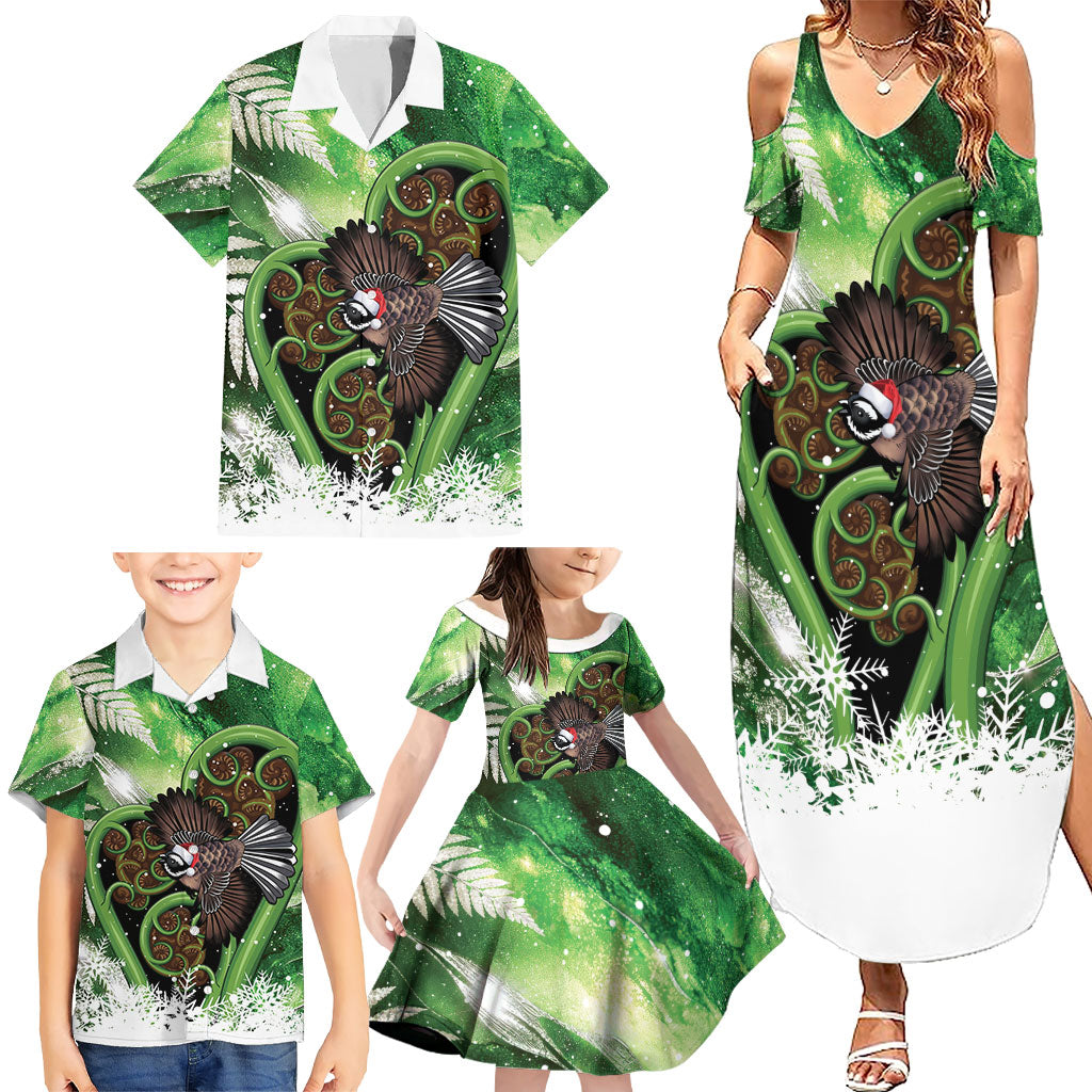 Piwakawaka New Zealand Christmas In July Family Matching Summer Maxi Dress and Hawaiian Shirt NZ Aroha Koru Fern Marble Vibes