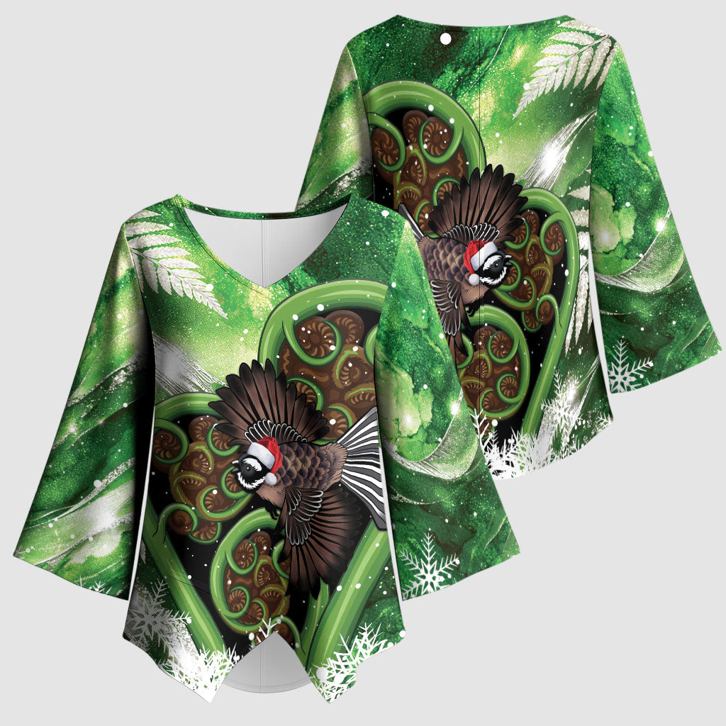 Piwakawaka New Zealand Christmas In July Kimono Sleeve Blouse NZ Aroha Koru Fern Marble Vibes