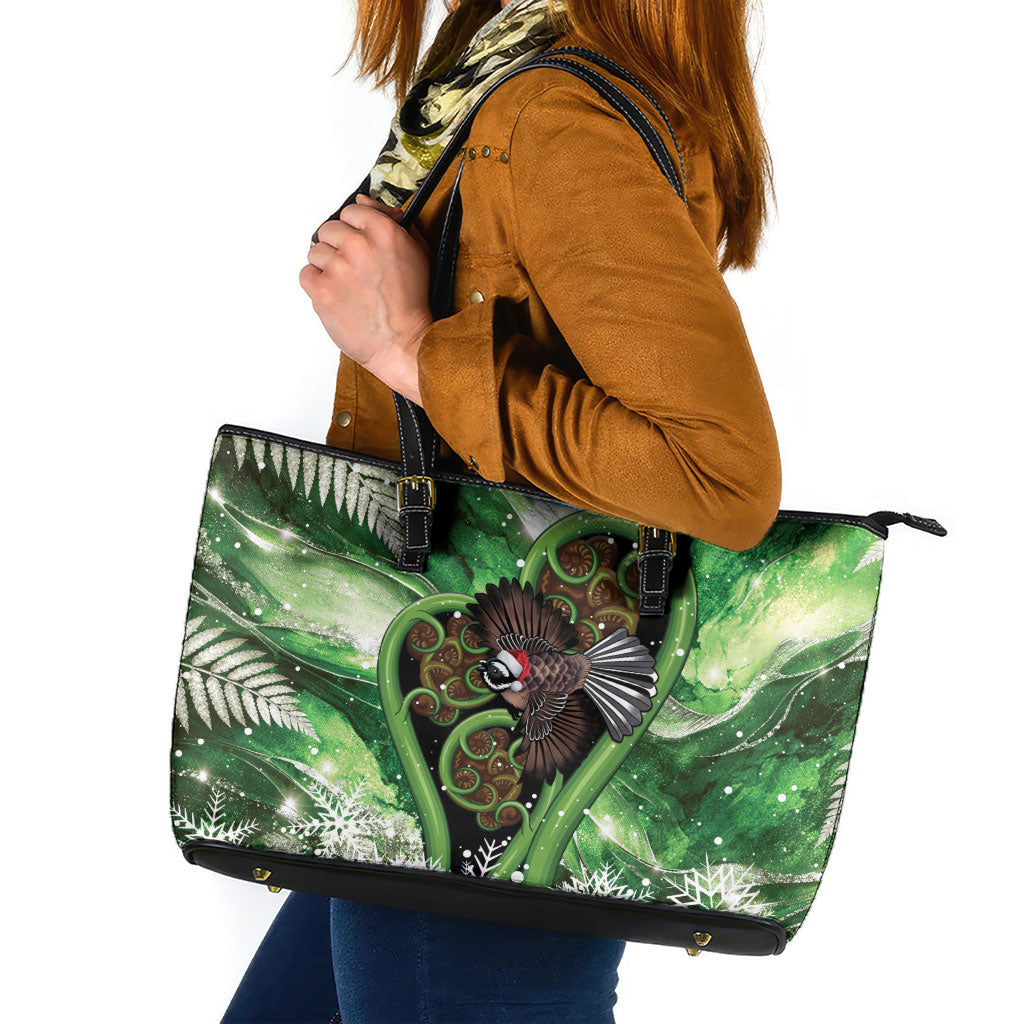 Piwakawaka New Zealand Christmas In July Leather Tote Bag NZ Aroha Koru Fern Marble Vibes