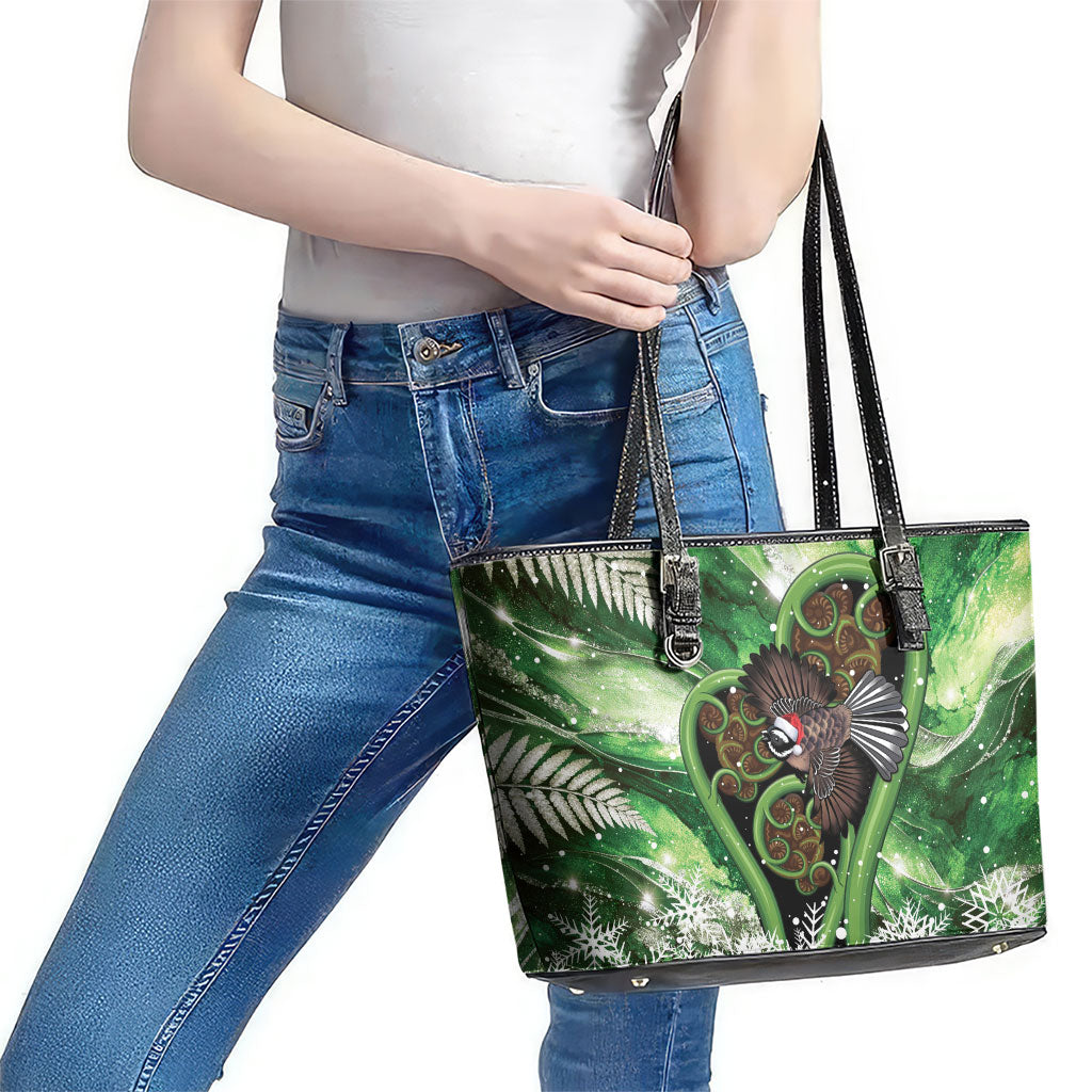 Piwakawaka New Zealand Christmas In July Leather Tote Bag NZ Aroha Koru Fern Marble Vibes