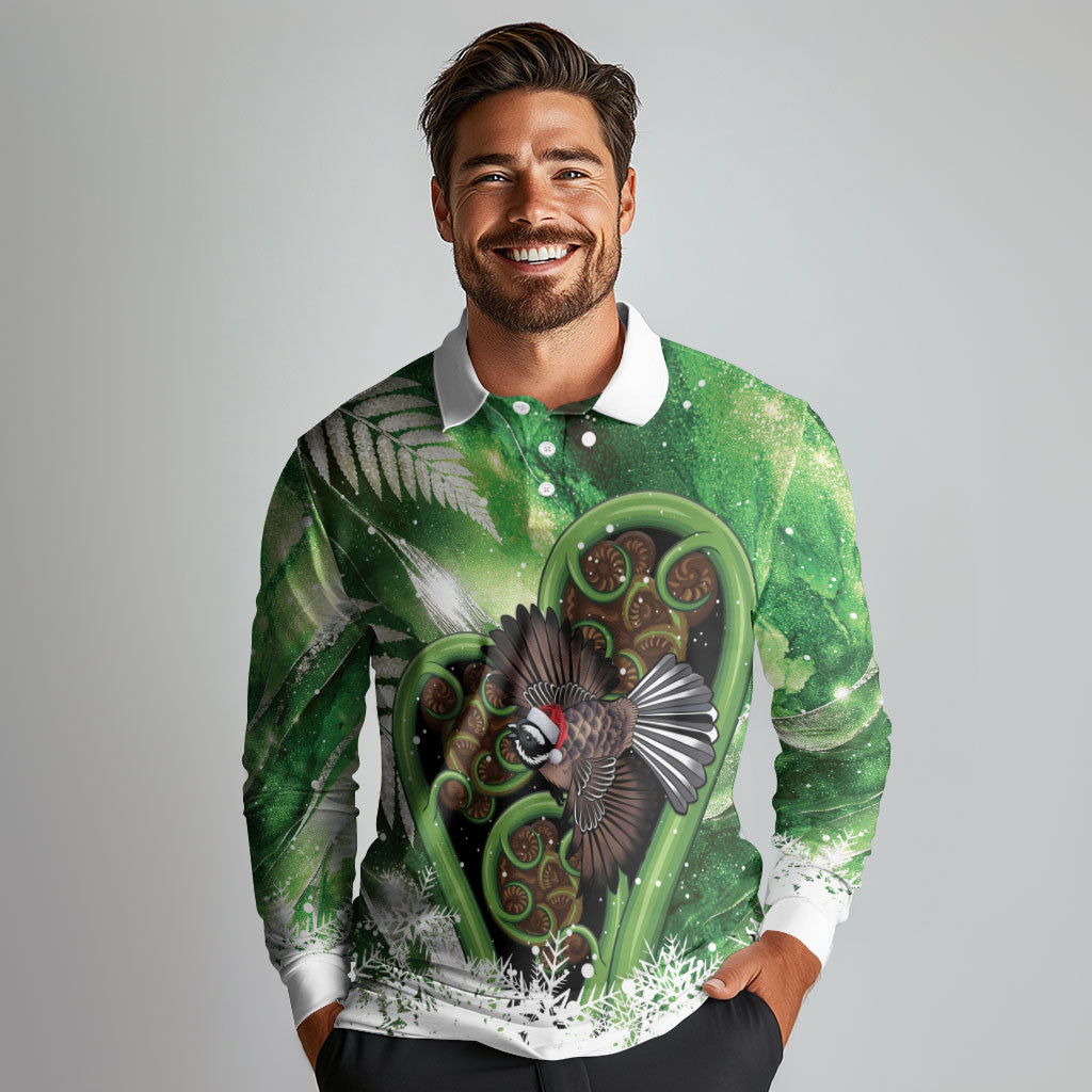 Piwakawaka New Zealand Christmas In July Long Sleeve Polo Shirt NZ Aroha Koru Fern Marble Vibes