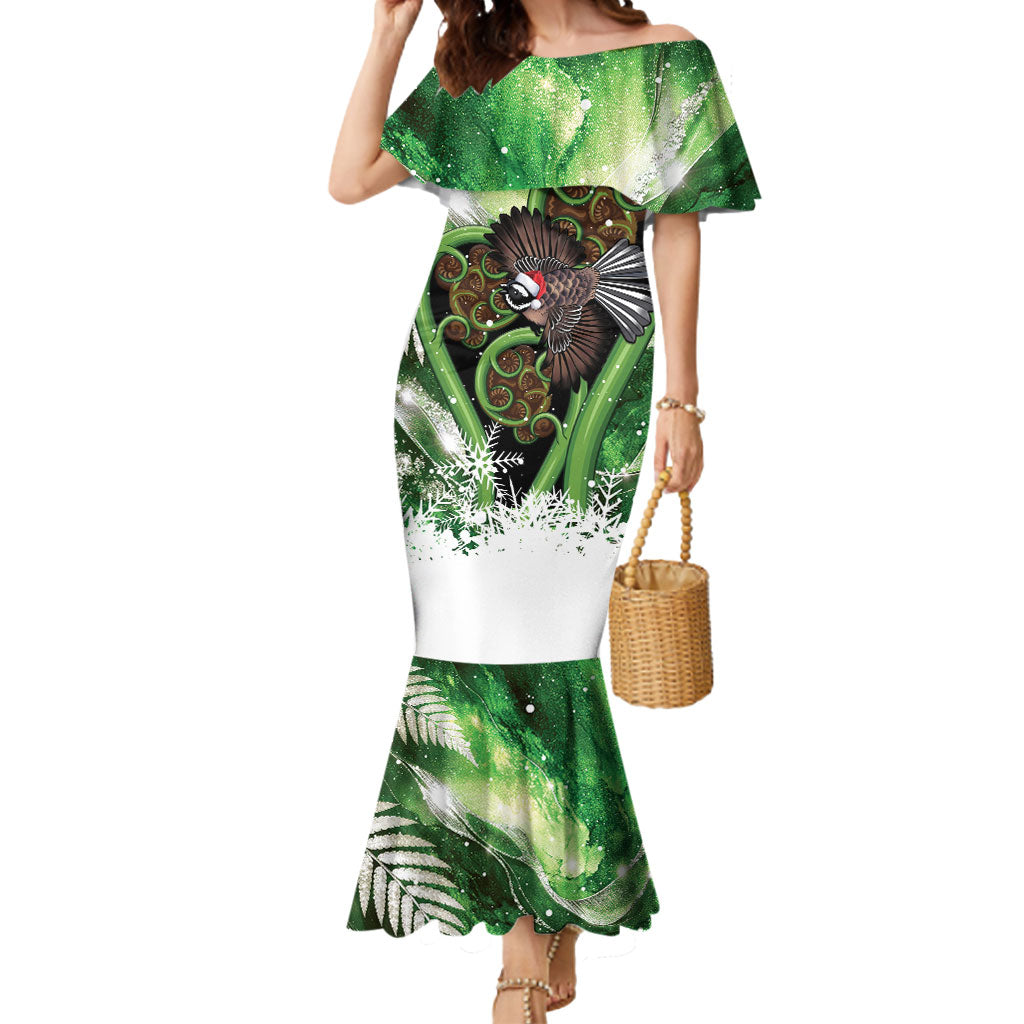 Piwakawaka New Zealand Christmas In July Mermaid Dress NZ Aroha Koru Fern Marble Vibes